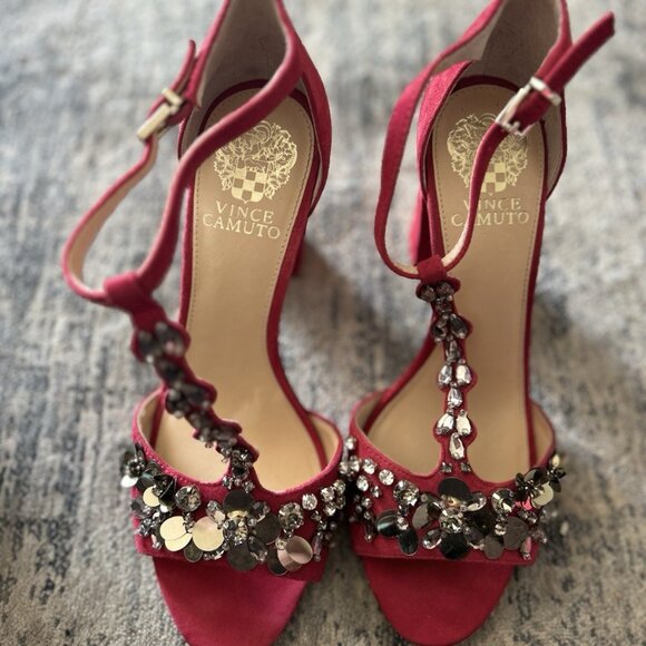 Vince Camuto Red Jewel Embellished T-Strap Heels - Picture 2 of 6